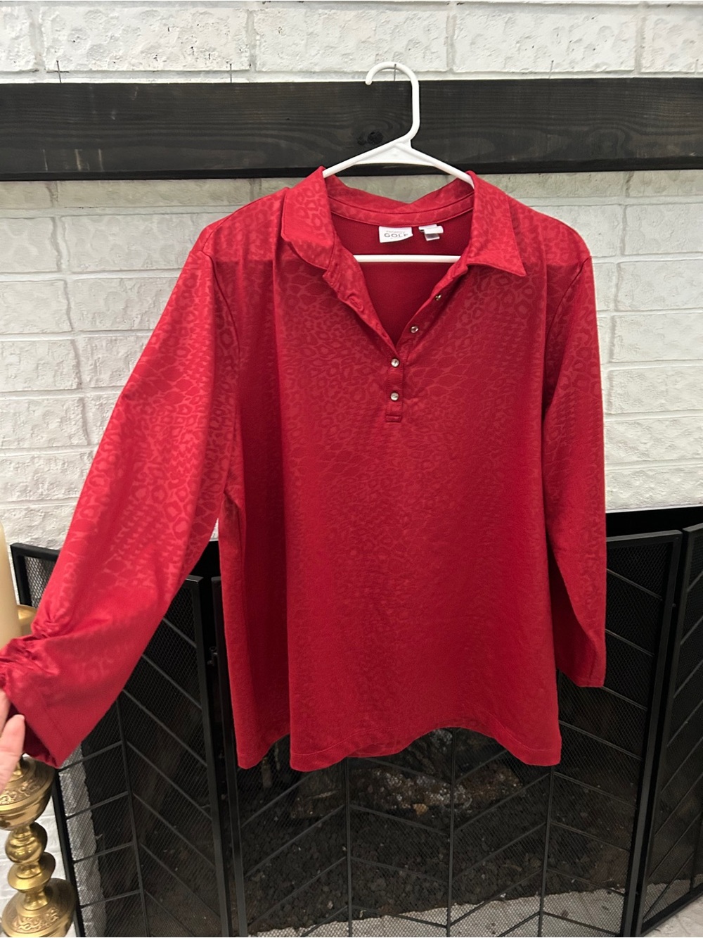 Chico's Red Long-Sleeve Polo with Subtle Jacquard